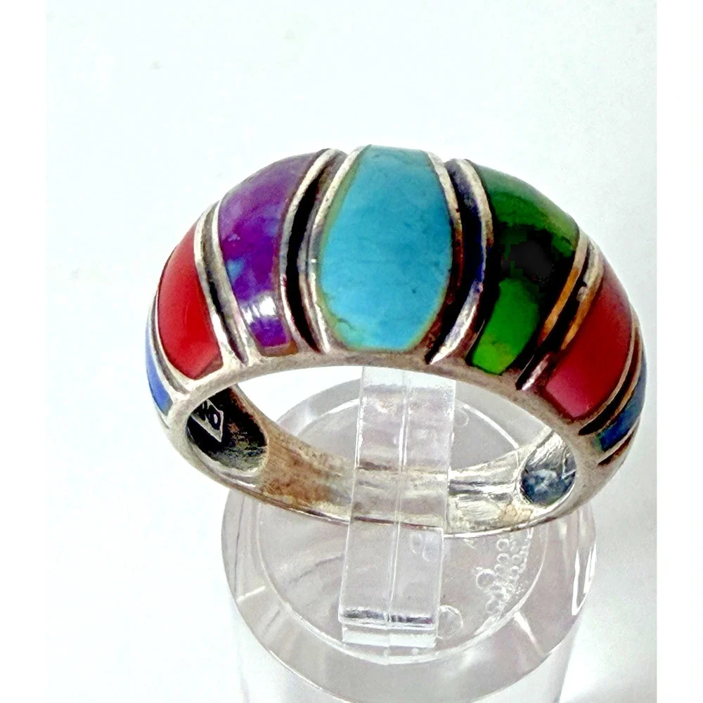 Vintage SE 925 Thailand Sterling Silver Multicolor Inlay Statement Ring 7.5